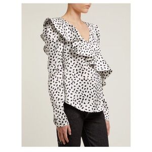 Self-Portrait Polka Dot Satin Long Sleeve Ruffled V-Neck Blouse 4